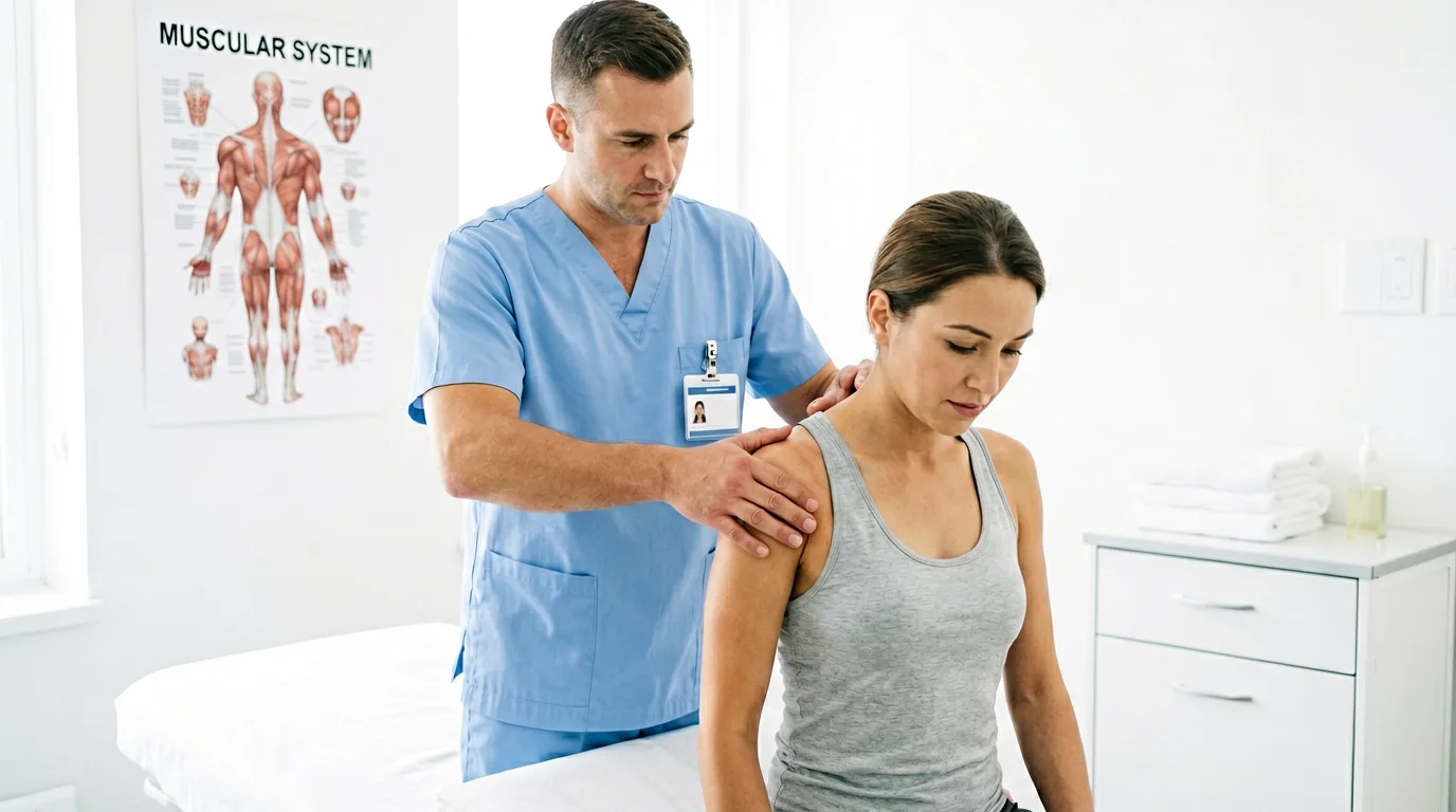 Physiotherapeutische Behandlung an der Schulter in einer hellen Praxis