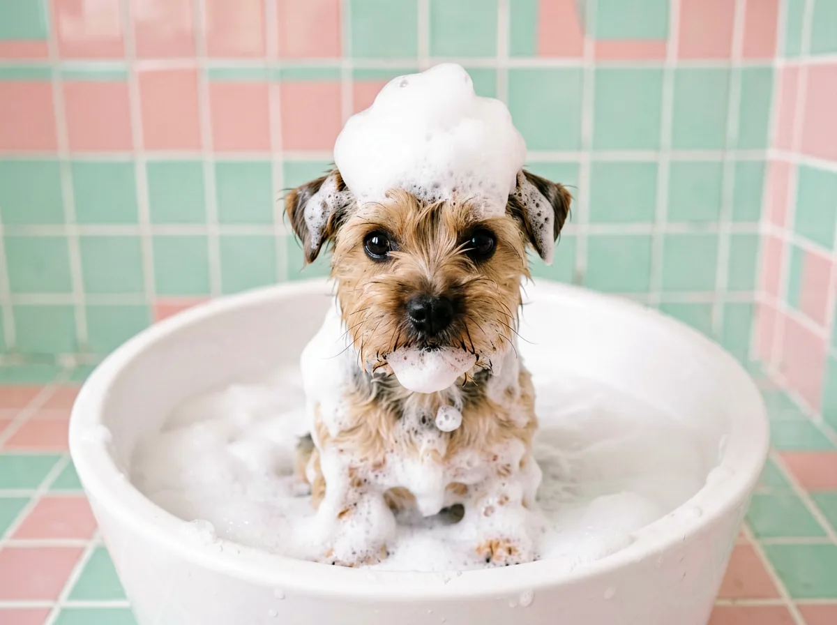 Hund im Bad mit Schaum