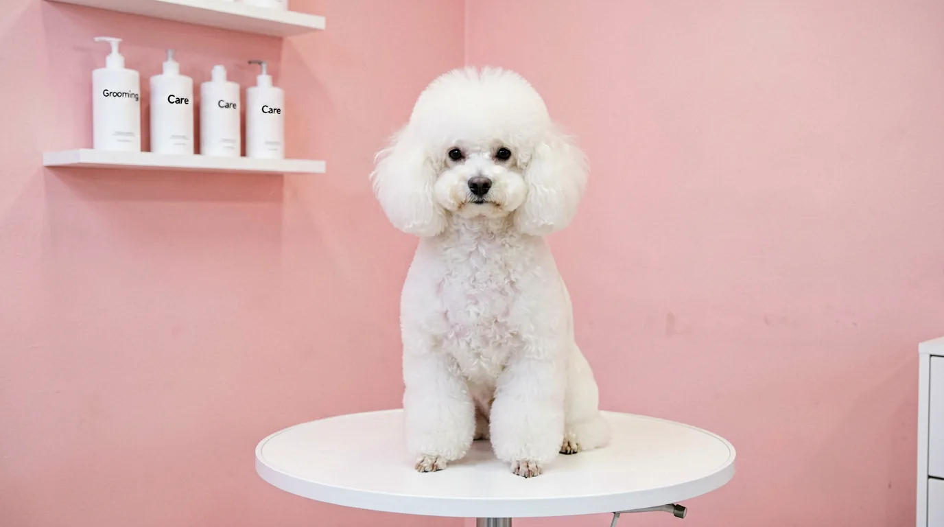 Frisch gepflegter heller Hund auf weichem Untergrund im Salon