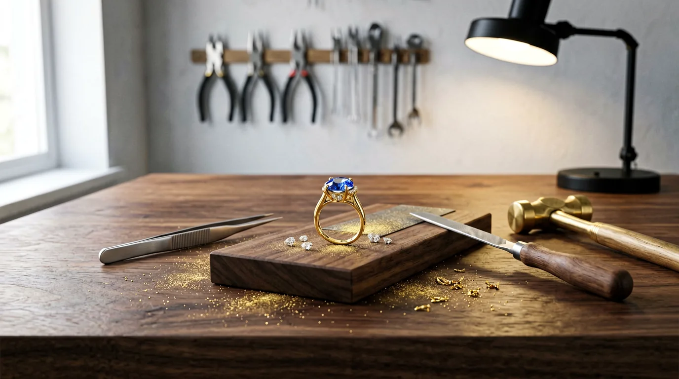 Goldschmiede-Werkstatt mit Schmuckstücken.