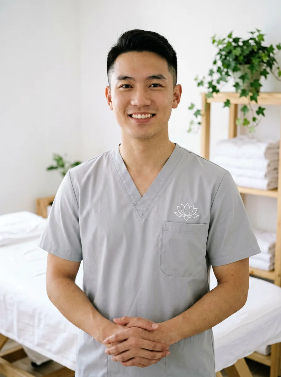 Heilmasseur in seiner Praxis, freundlicher Ausdruck.