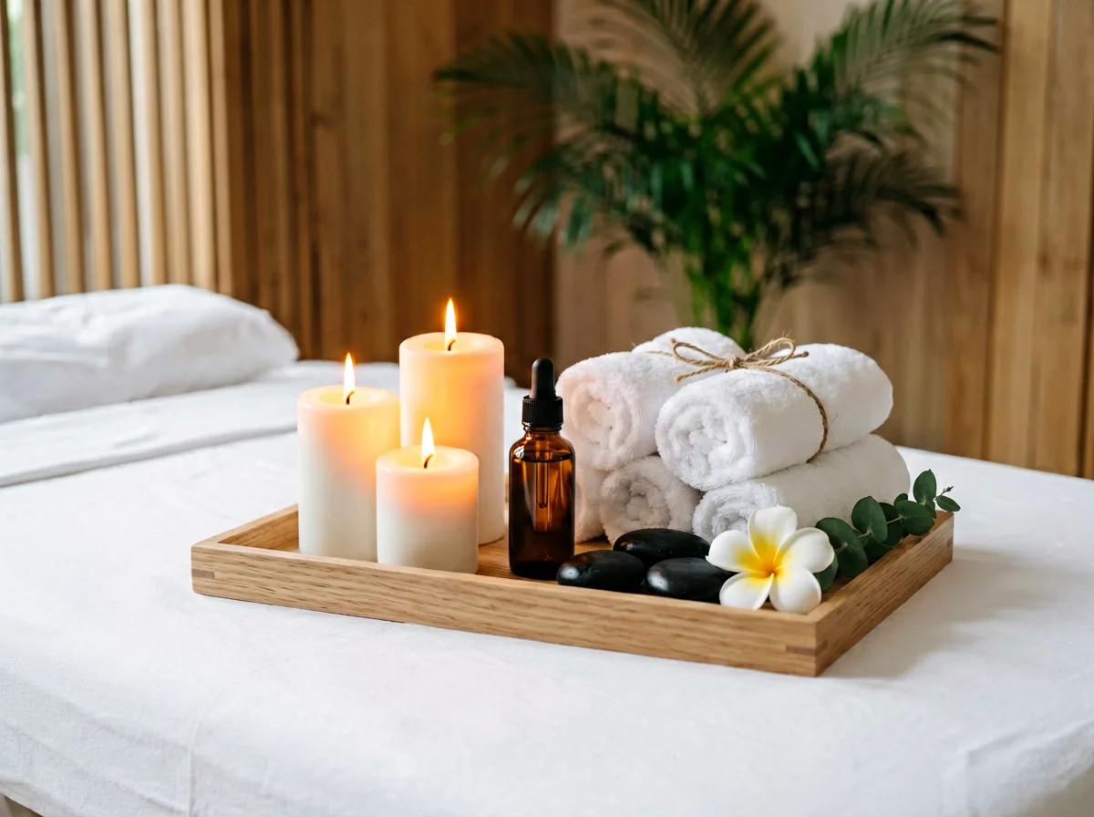 Kerzenlicht und ruhige Wellnessatmosphäre.