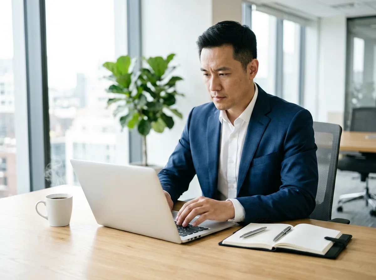 Schreibtisch mit Laptop und Kaffee waehrend eines Arbeitstages