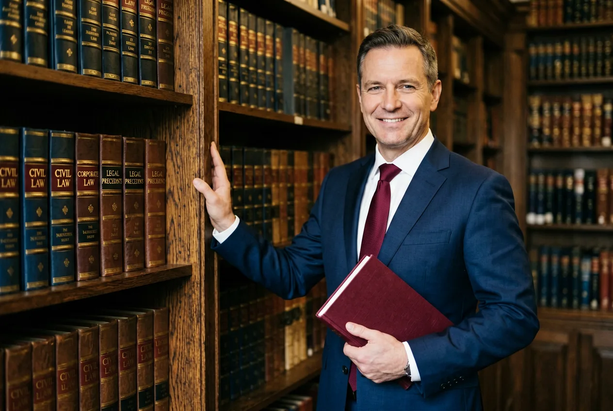 Anwaltsbibliothek mit Gesetzeswerken in dunklem Holzregal.