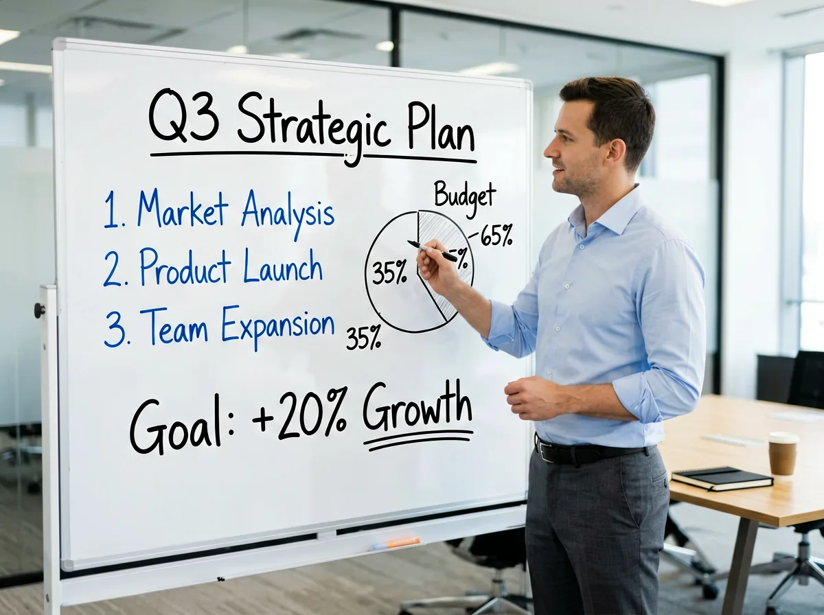 Whiteboard mit Strategie-Skizze