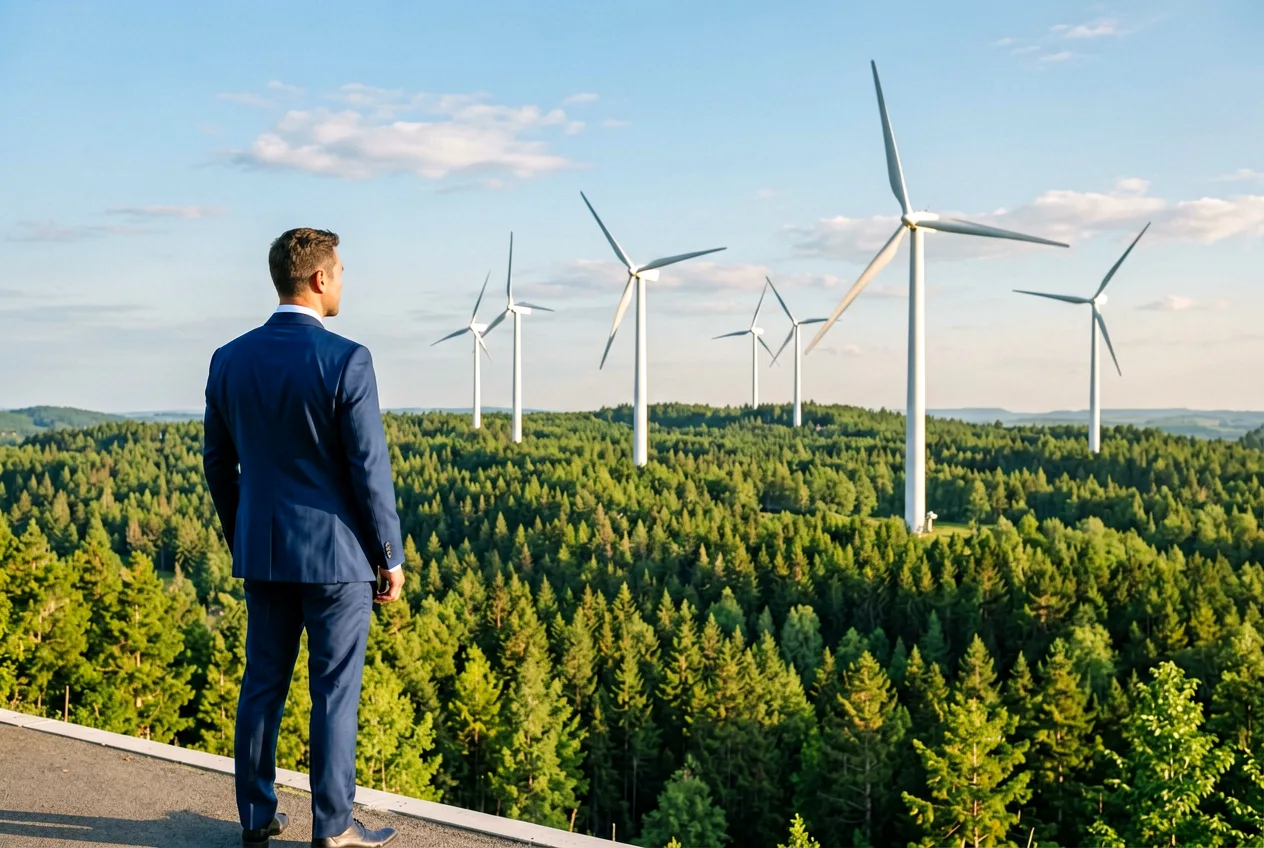 Windkraftanlagen in einer ruhigen Waldlandschaft.