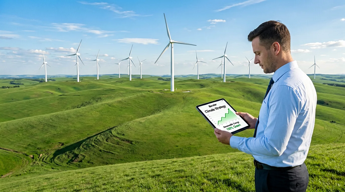 Windraeder in einer gruenen Huegellandschaft, Sinnbild fuer Klimaschutz und Energiestrategie.
