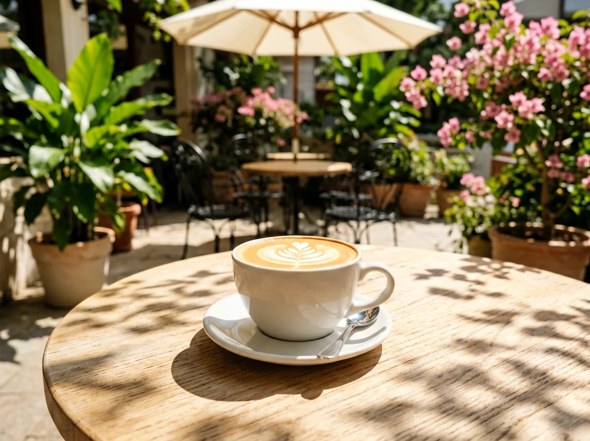 Sonnige Café-Terrasse mit dampfender Kaffeetasse in der Mittagssonne