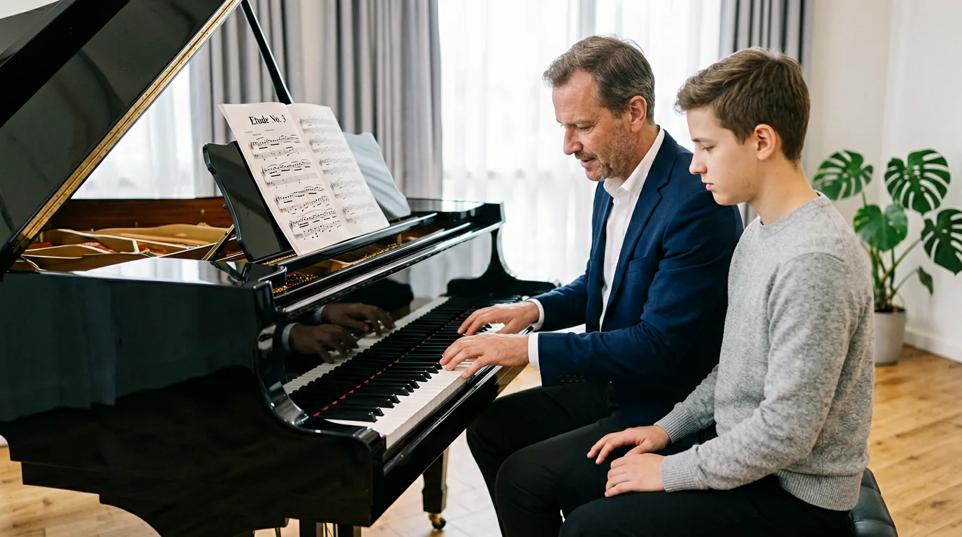 Klaviertasten im warmen Licht — Sinnbild für klassischen Unterricht.