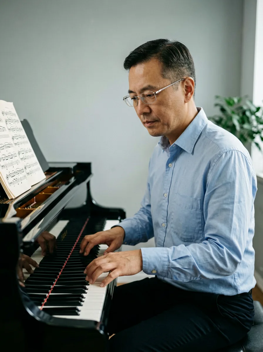 Klavierlehrer am Instrument, ruhig und konzentriert.