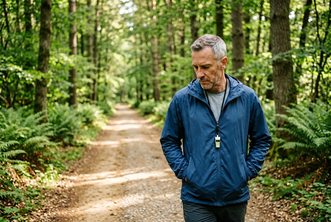 Mann geht einen Weg durch ruhige Naturlandschaft