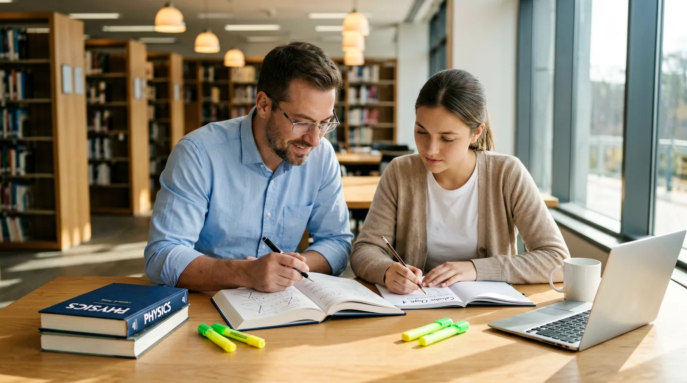 Schülerin lernt konzentriert am Schreibtisch mit Büchern und Notizen