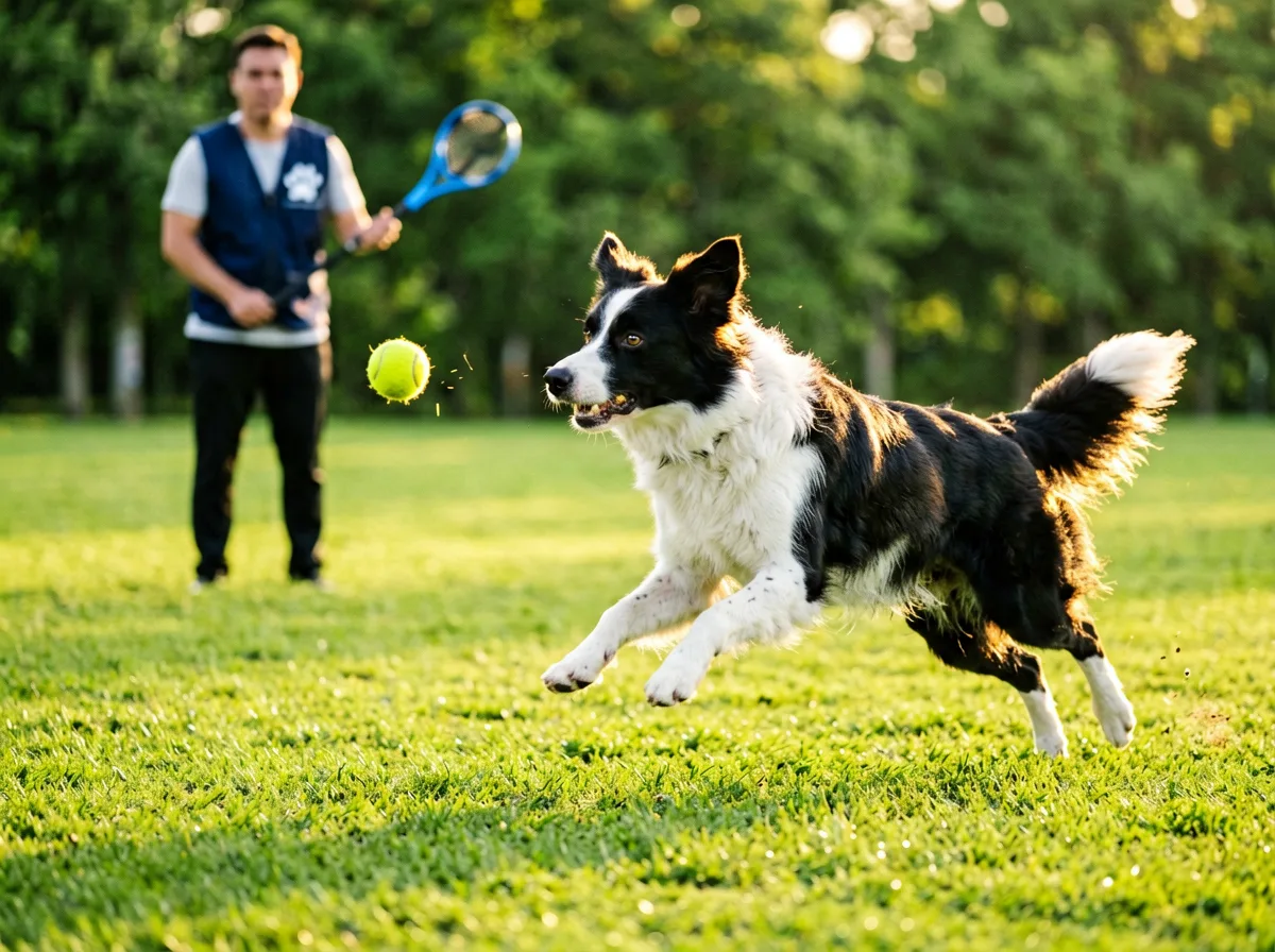 Hund konzentriert sich beim Apportierspiel auf einer Wiese.