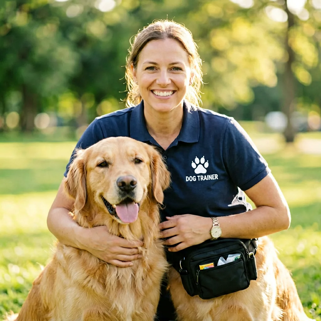 Freundliche Hundetrainerin mit Hund im Park.