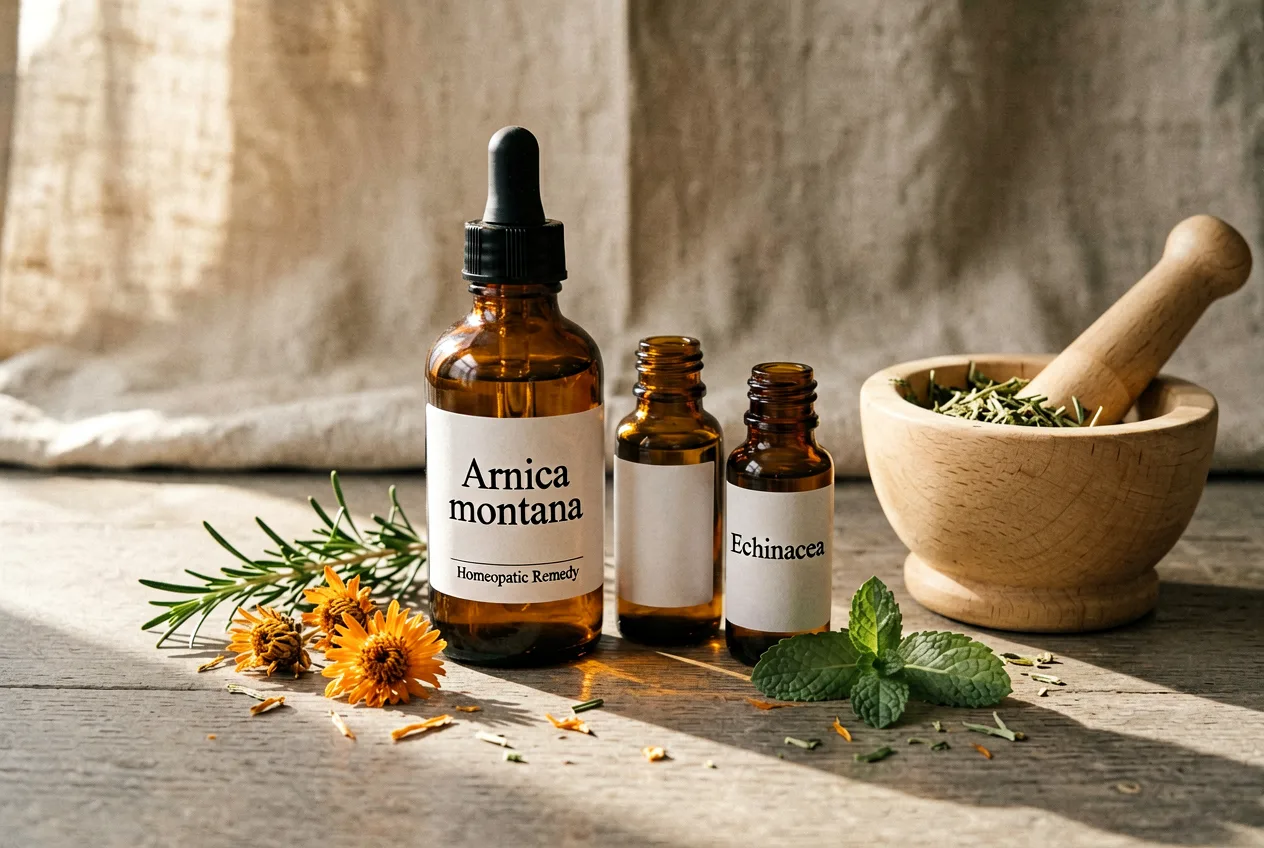 Stillleben mit homöopathischen Mitteln in Glasflaschen und Heilpflanzen.