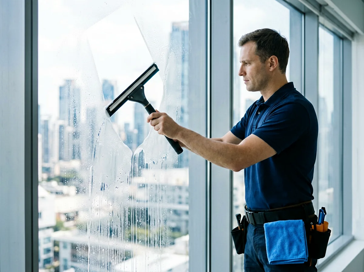 Fachkraft reinigt eine große Fensterscheibe mit einem Abzieher