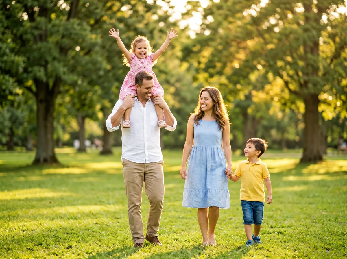 Familie mit Kindern in einem Park, lockere Momentaufnahme.