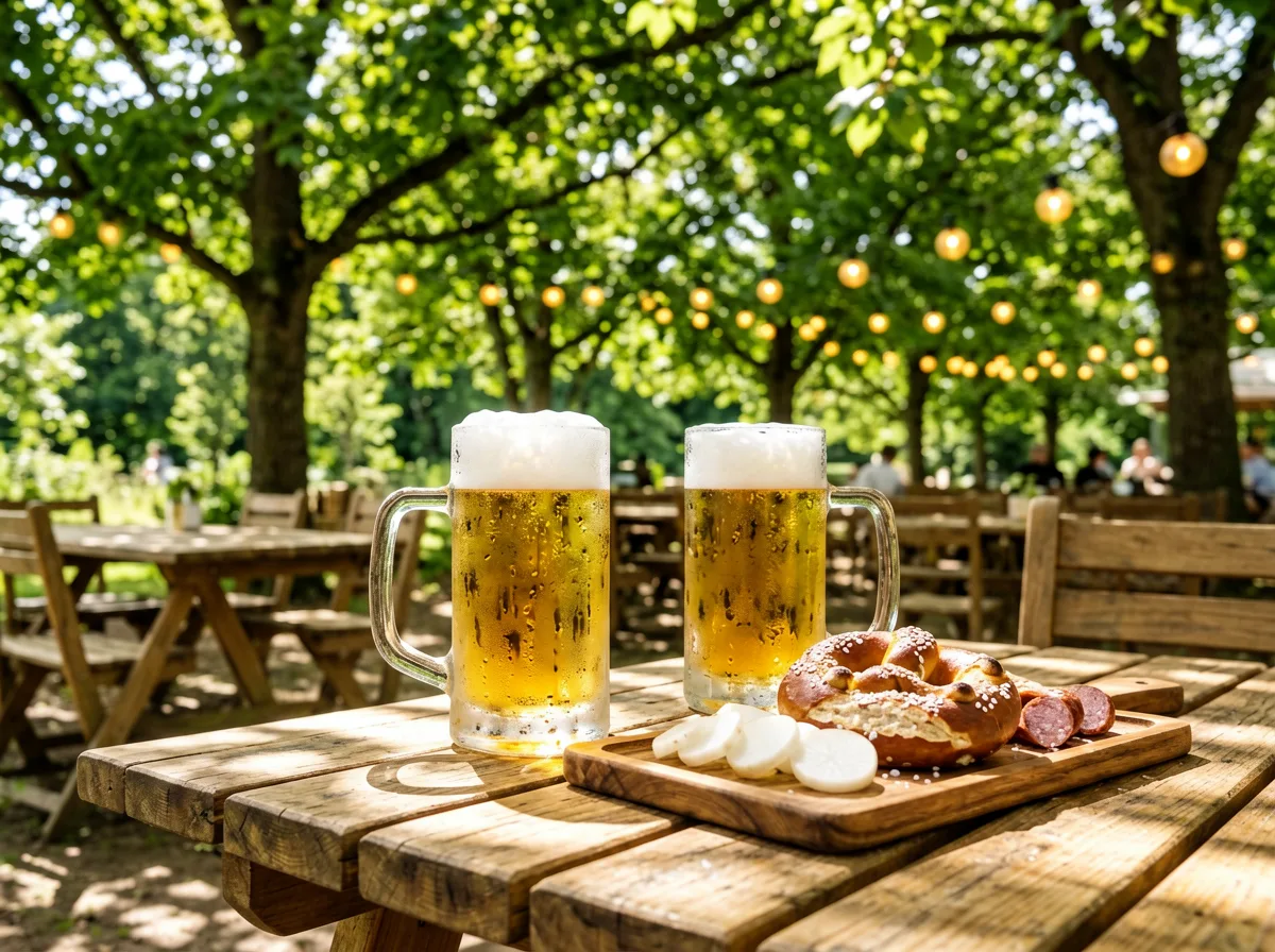 Sonniger Biergarten mit Holztischen unter grünen Bäumen.