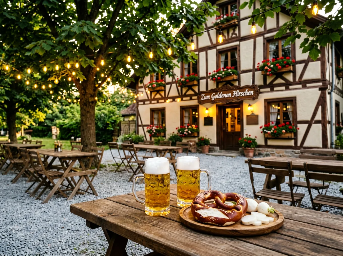 Biergarten unter alten Linden am Landgasthof, Holzbänke und Wiese.