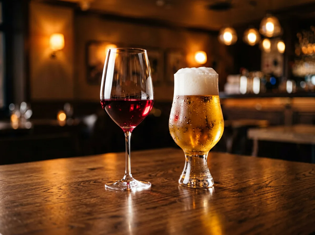 Gedeckter Tisch mit Bier und Wein in gemütlicher Runde.