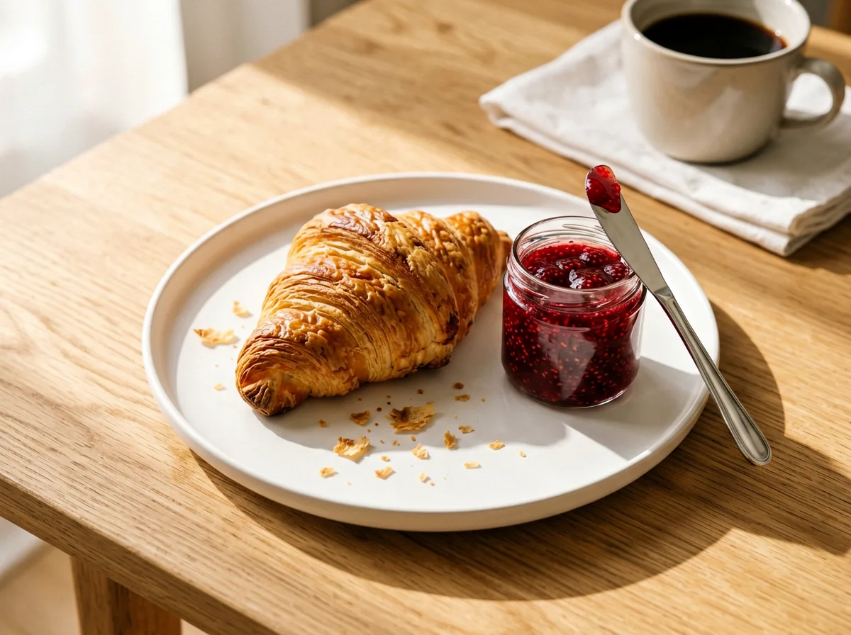 Frühstücksteller mit Croissant, Marmelade und frischen Beeren
