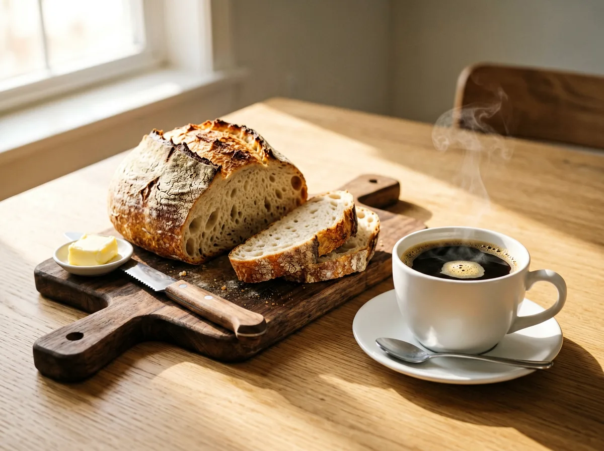 Gedeckter Frühstückstisch mit frischem Brot und Kaffee am Morgen