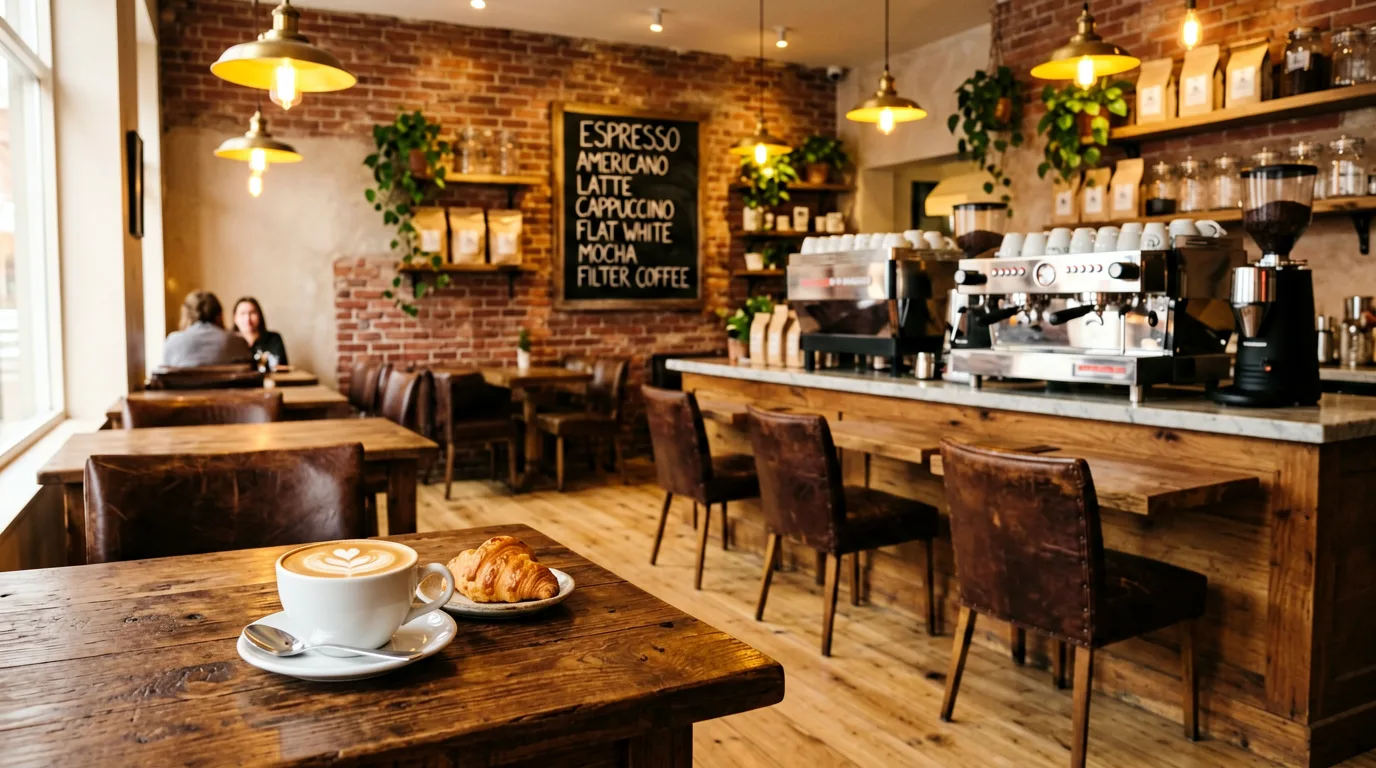 Warmes Café-Interieur mit Holztischen und gedämpftem Licht