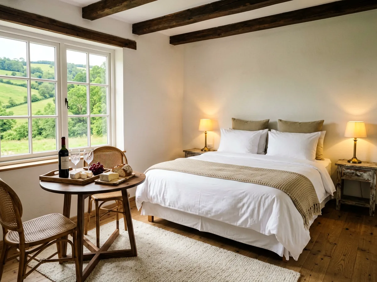 Helles Gästezimmer mit Holzboden und Blick ins Grüne.