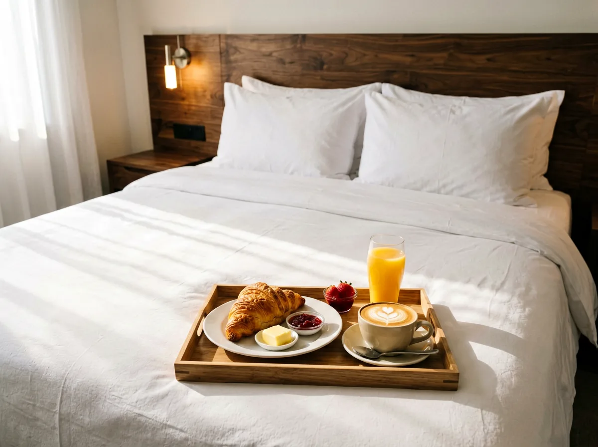 Gemütliches Gästezimmer mit Holzmöbeln und hellem Bettzeug.