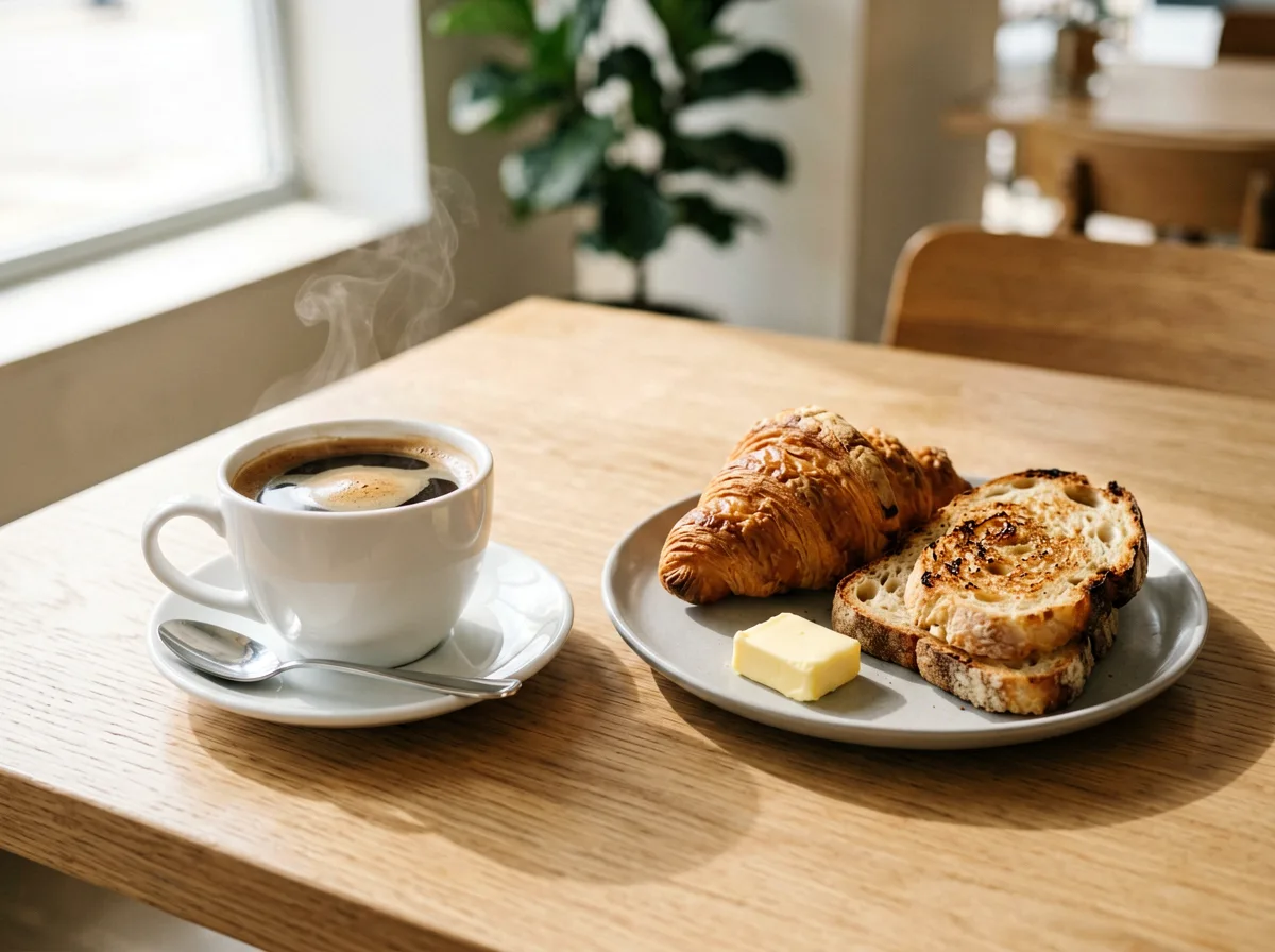 Reichhaltiges Frühstück mit Kaffee und Brot