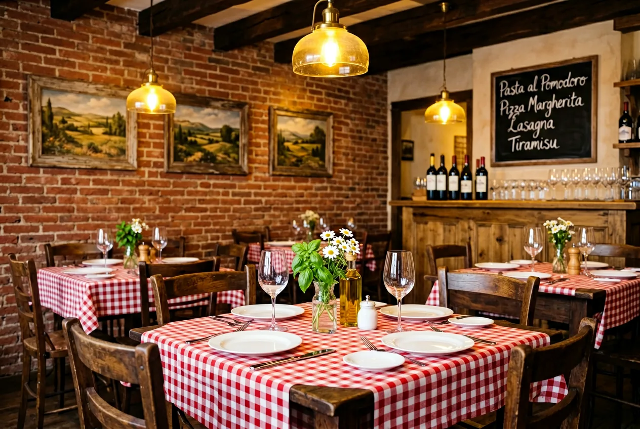 Gemütlicher Gastraum der Trattoria mit warmer Beleuchtung