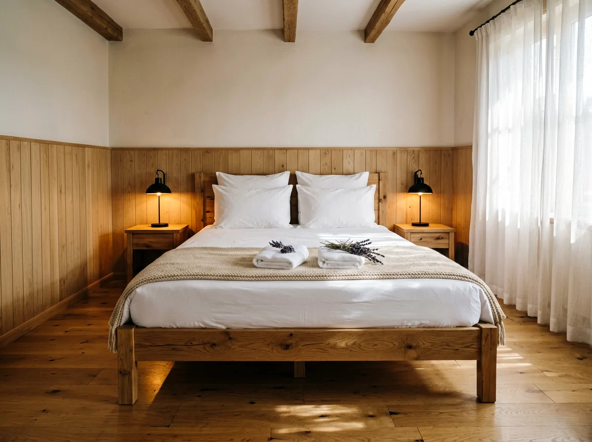 Pensionszimmer mit Holzbett und warmem Licht
