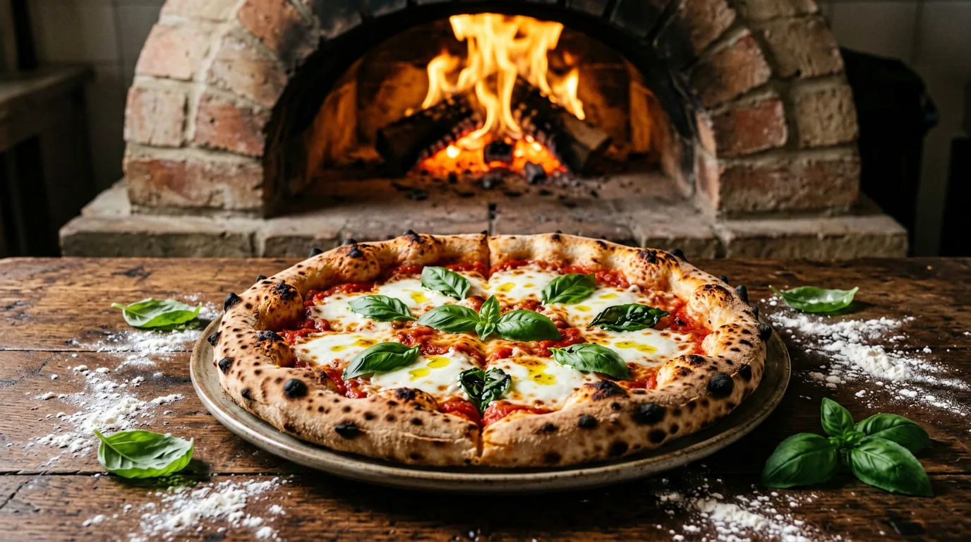 Frische Holzofenpizza Margherita auf einem rustikalen Tisch