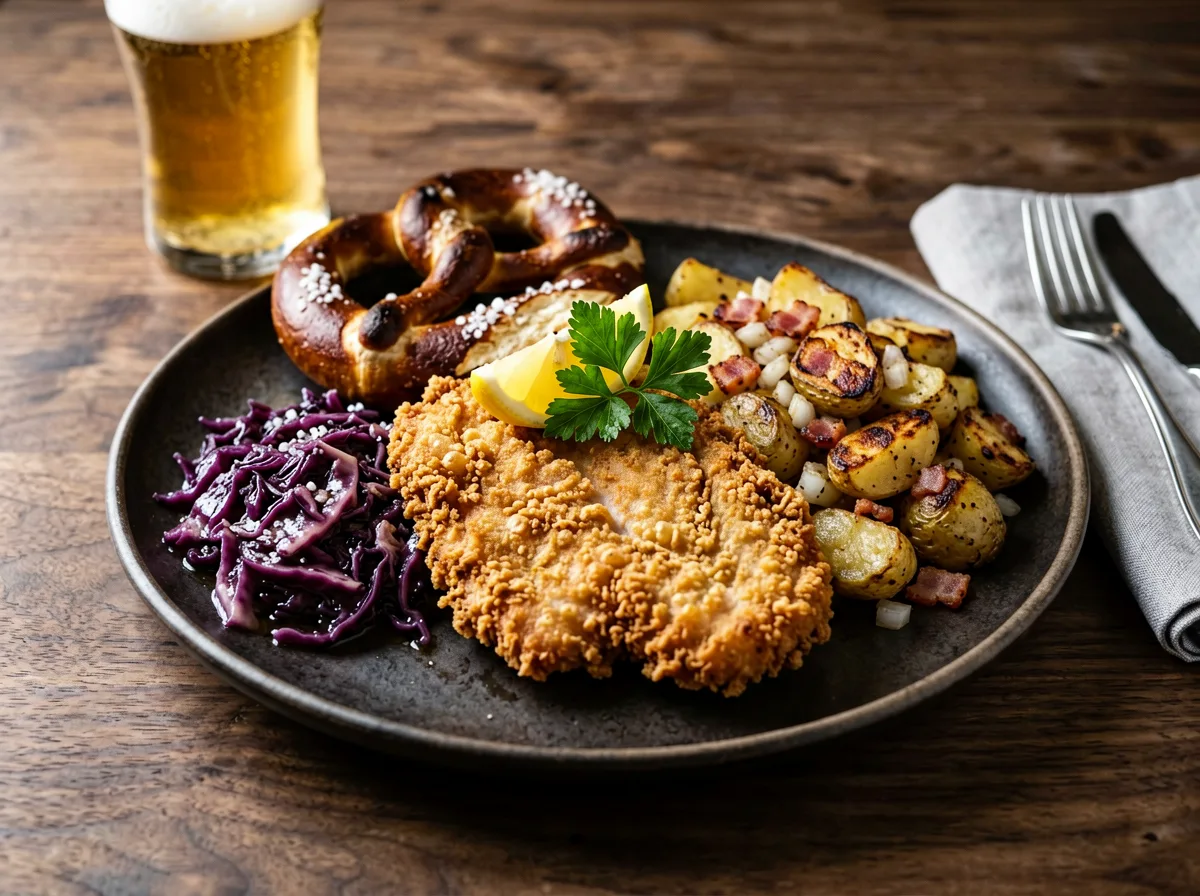 Regionale Wirtshausplatte mit Braten, Knödeln und Salat auf rustikalem Holztisch.