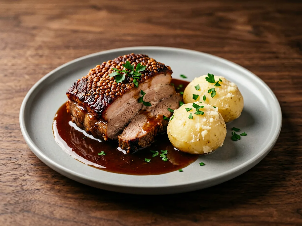 Bayerischer Schweinsbraten mit Knödel und dunkler Soße auf einem Teller.