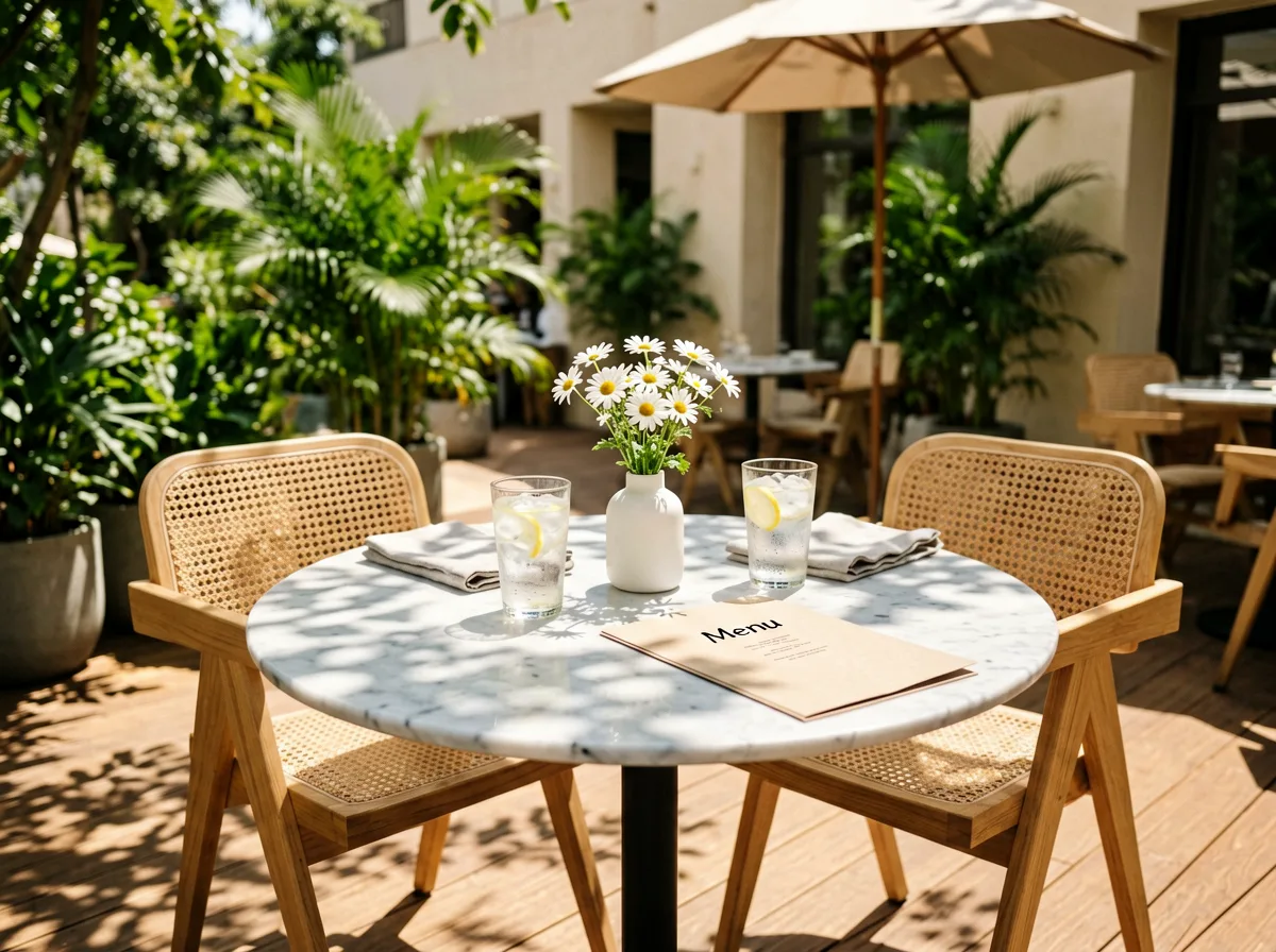 Sommerliche Terrasse mit Sitzgelegenheit.