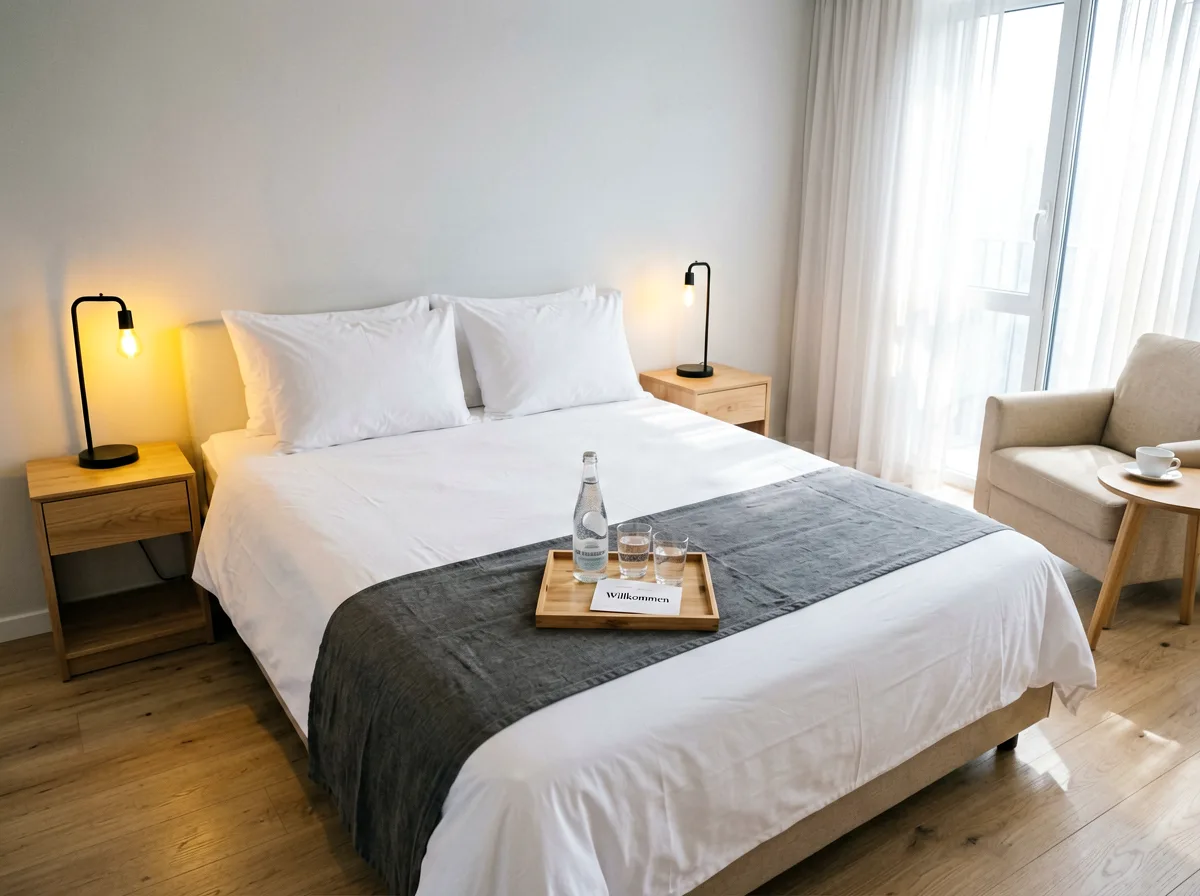 Gemütliches Zimmer mit warmen Holztönen.