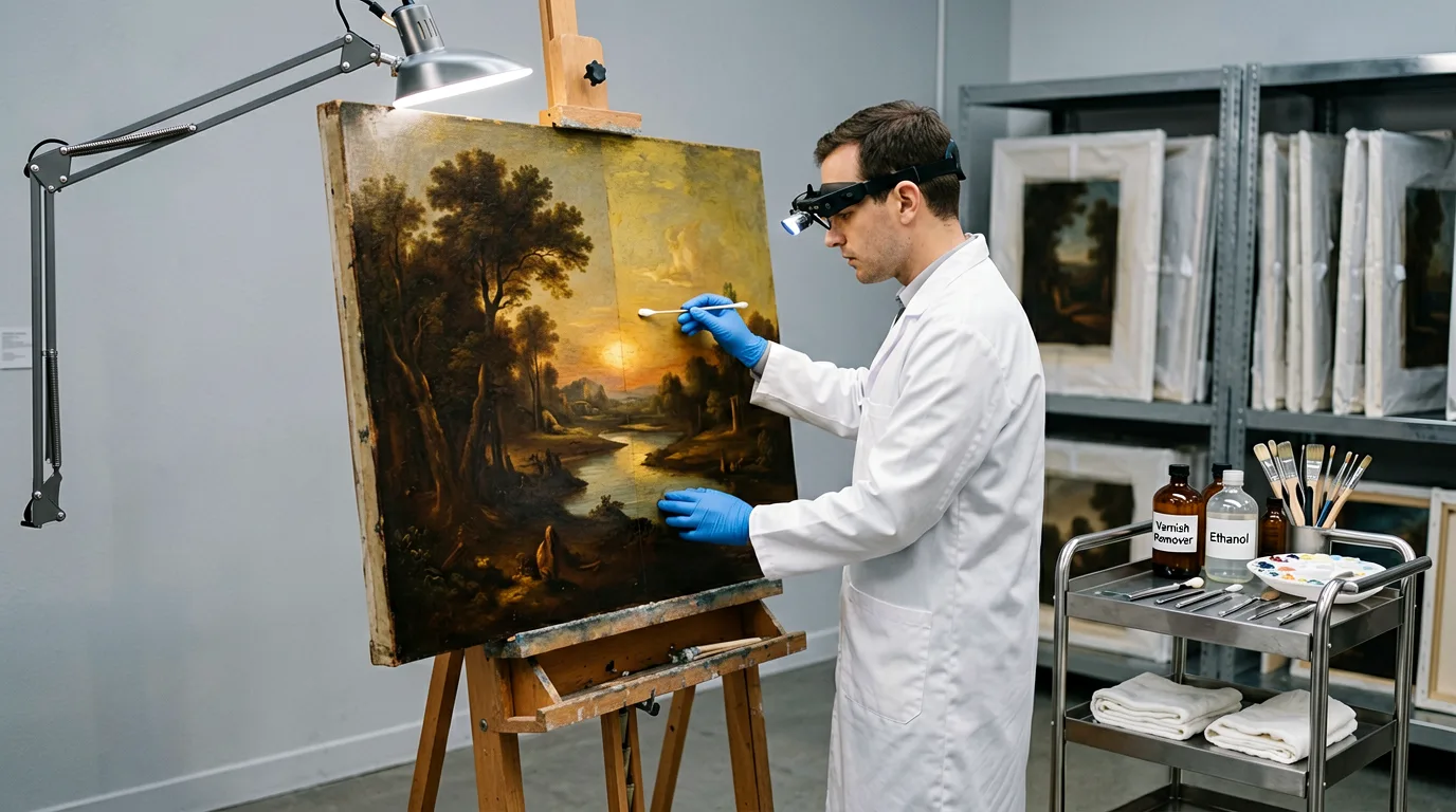 Restauratorische Arbeit an einem historischen Gemälde im Atelier