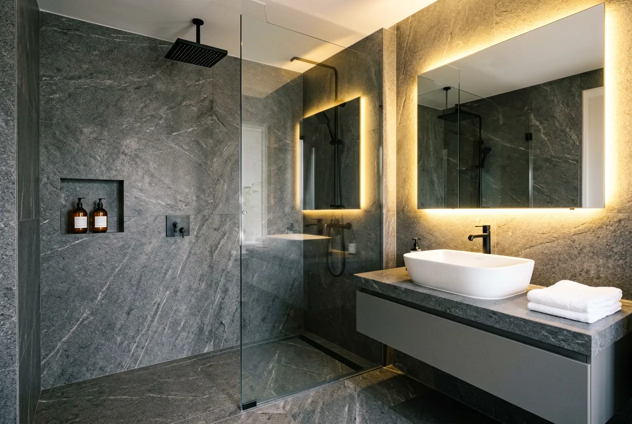 Bad mit bodengleicher Dusche und Naturstein