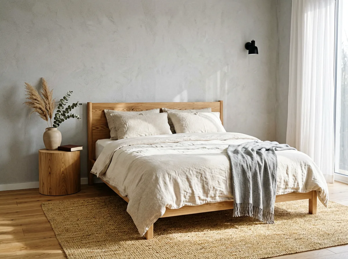 Schlafzimmer in warmen Erdtönen mit Leinenbettwäsche