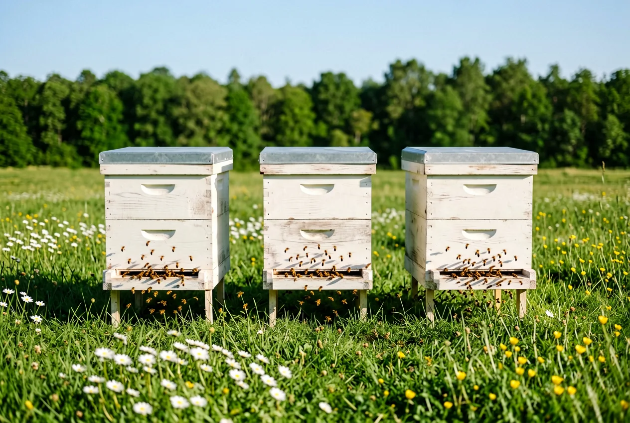 Bienenstöcke auf einer blühenden Wiese am Waldrand