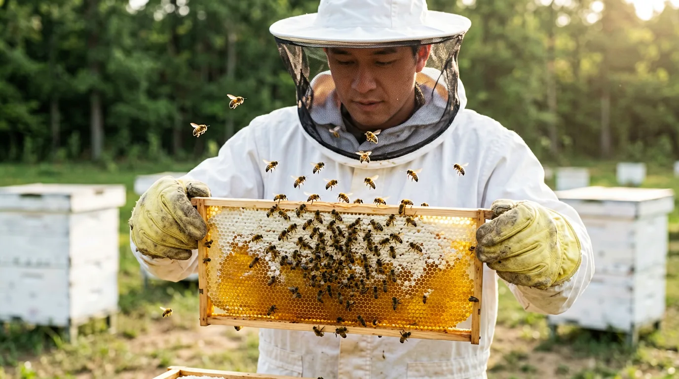 Imker prüft eine Wabe voller Bienen im Bienenstand