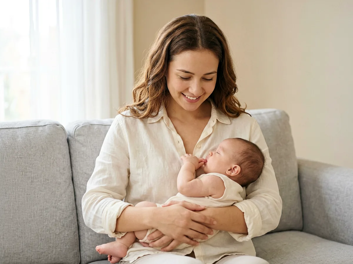 Mutter stillt Baby in weichem Licht