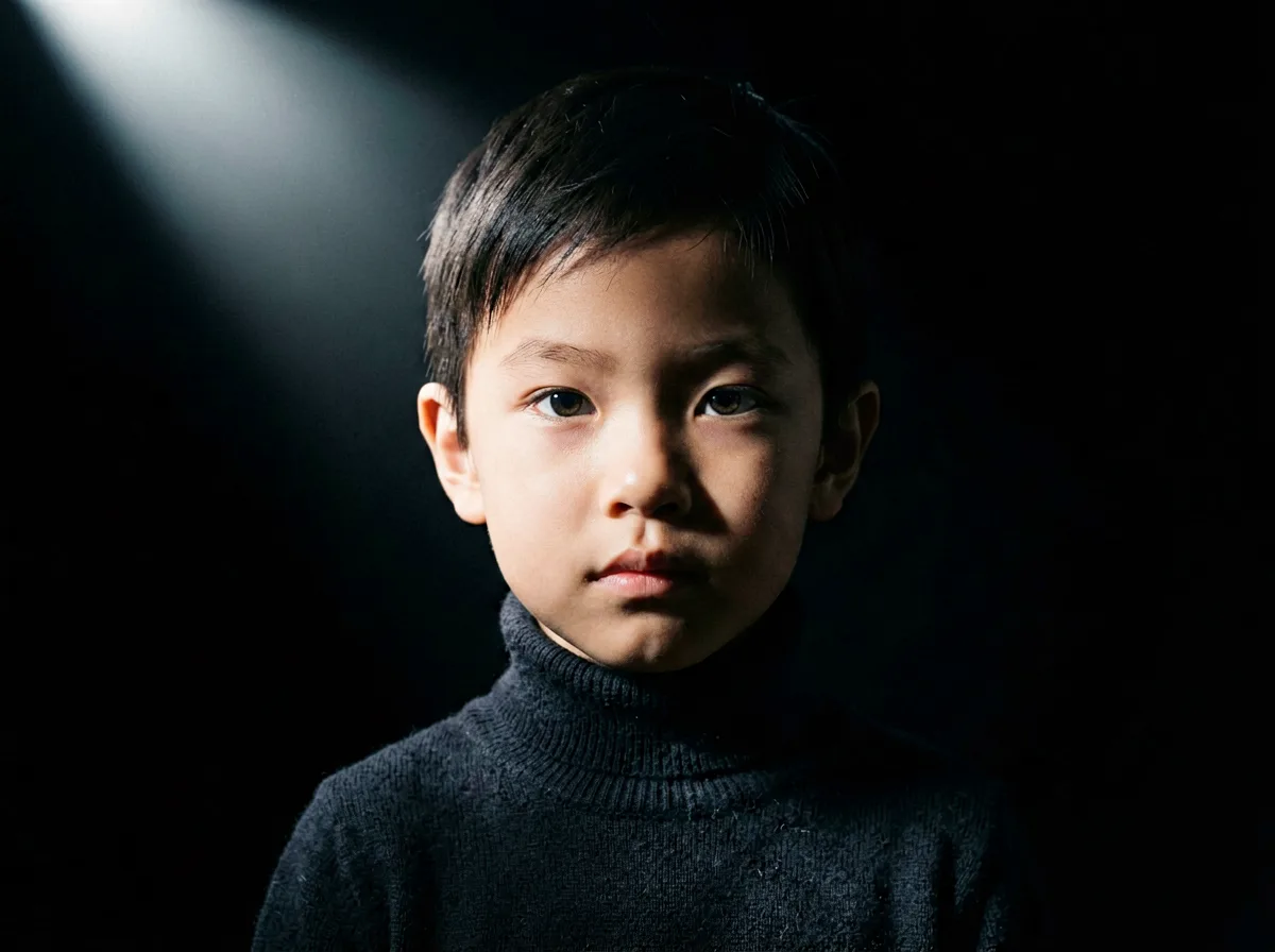 Kindportrait vor dunklem Hintergrund, weiches Licht von der Seite
