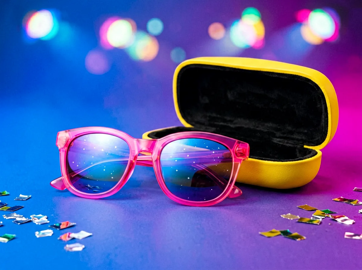 Bunte Sonnenbrillen in kräftigen Farben, dicht nebeneinander