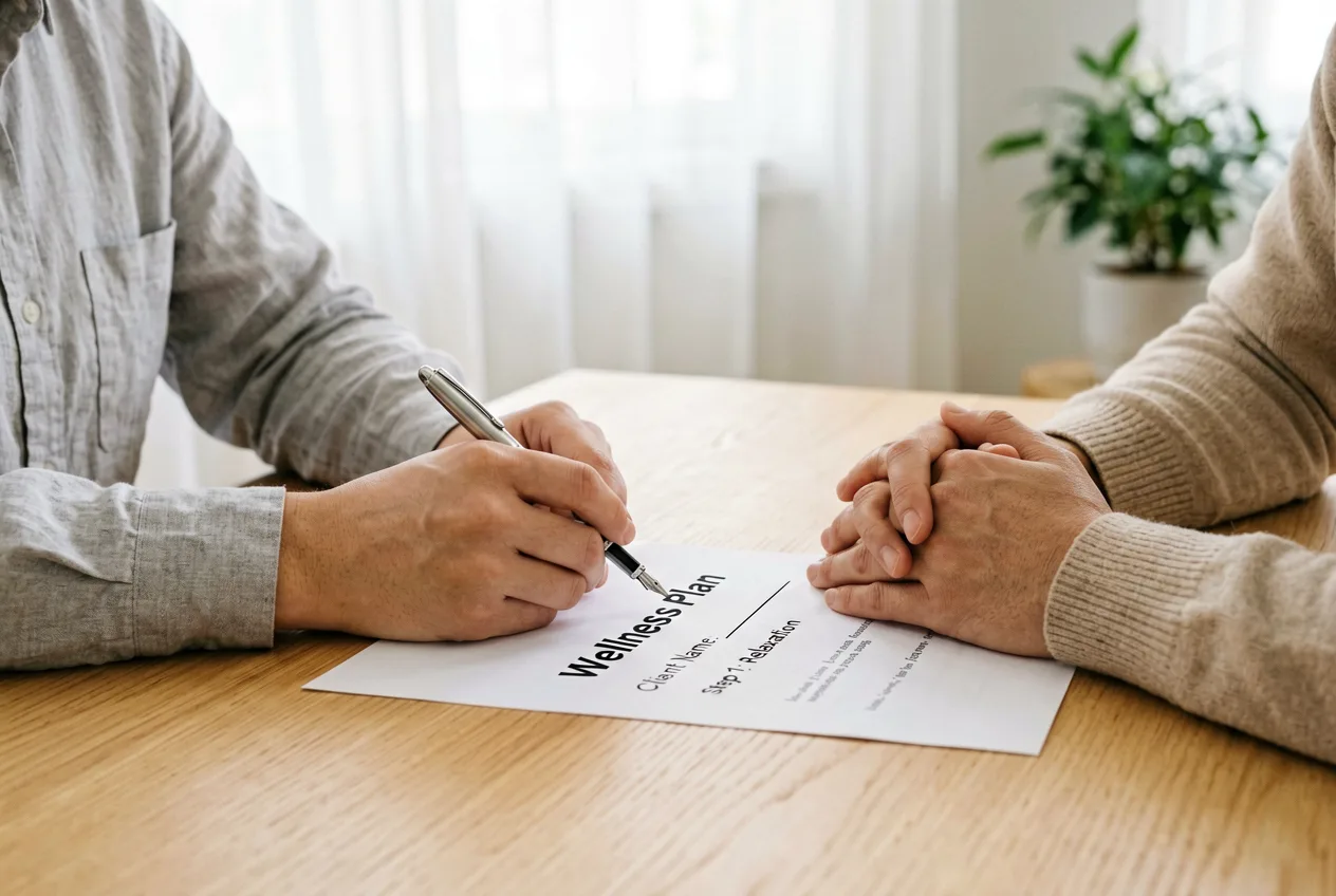 Hände einer Heilpraktikerin im Behandlungsgespräch