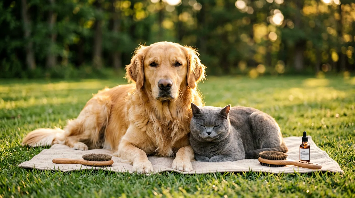 Hund und Katze entspannt in natuerlicher Umgebung