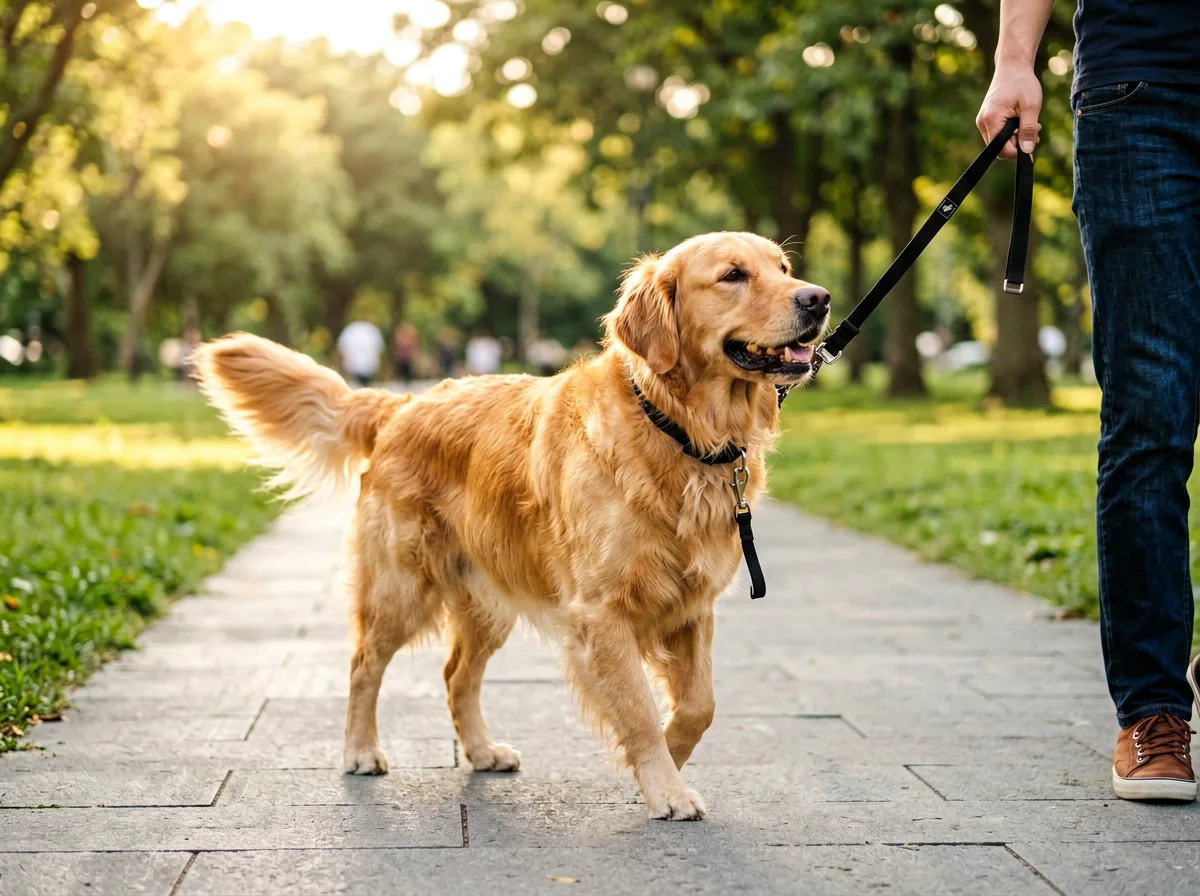 Hund laeuft aufmerksam an lockerer Leine neben seinem Menschen