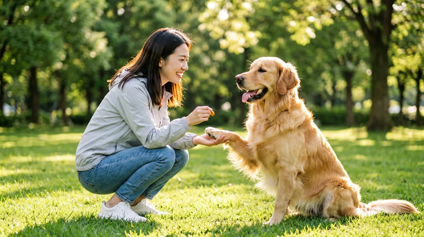 Hundetrainer beim entspannten Training mit einem aufmerksamen Hund auf einer Wiese