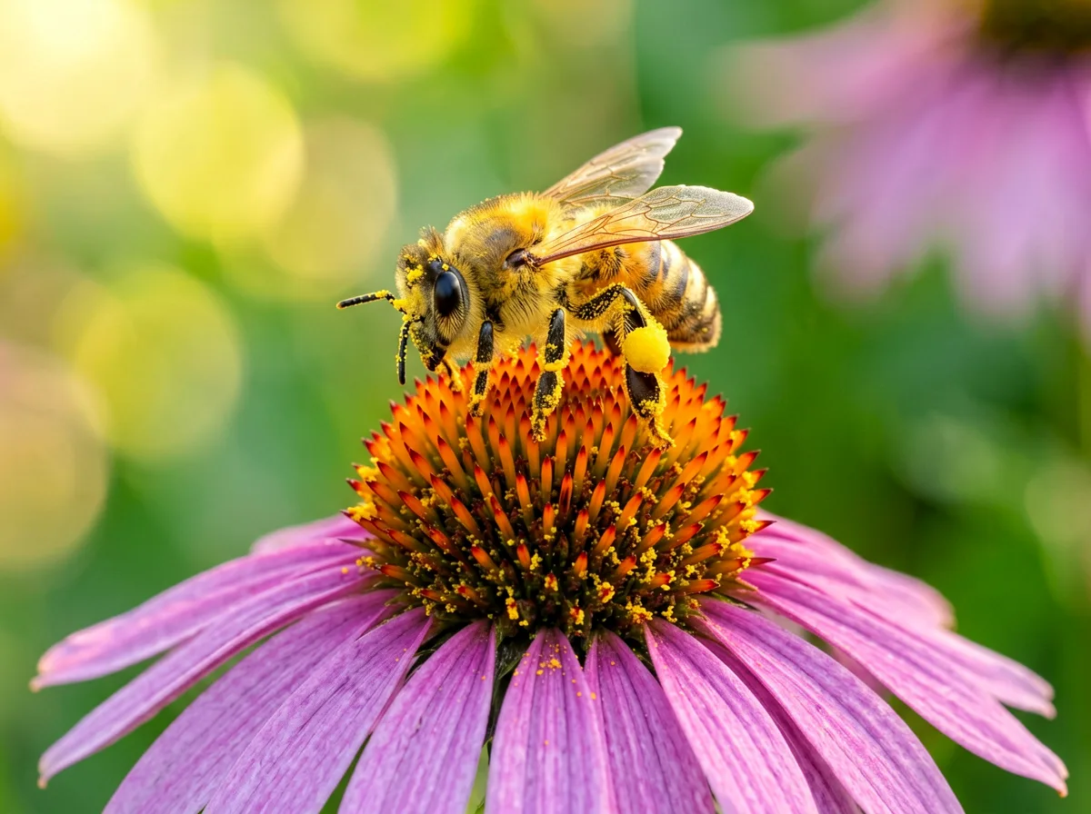 Biene sammelt Pollen an einer Sommerblüte